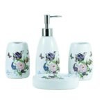 Ensemble distributeur savon 4 Pièces D'accessoires de Salle de Bain Fleurant en Céramique